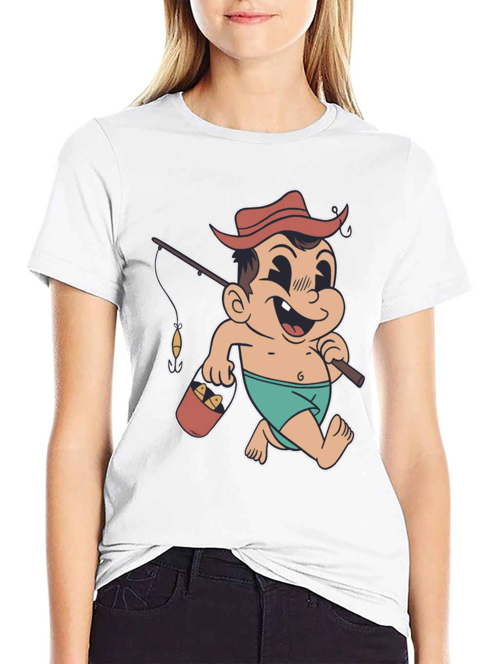 Cartoon Fisherman T-Shirt - Black Cotton Graphic Tee