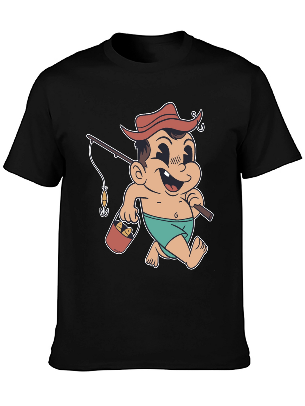 Cartoon Fisherman T-Shirt - Black Cotton Graphic Tee
