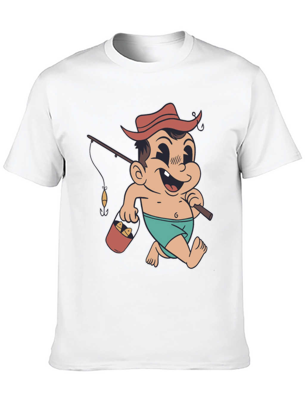 Cartoon Fisherman T-Shirt - Black Cotton Graphic Tee