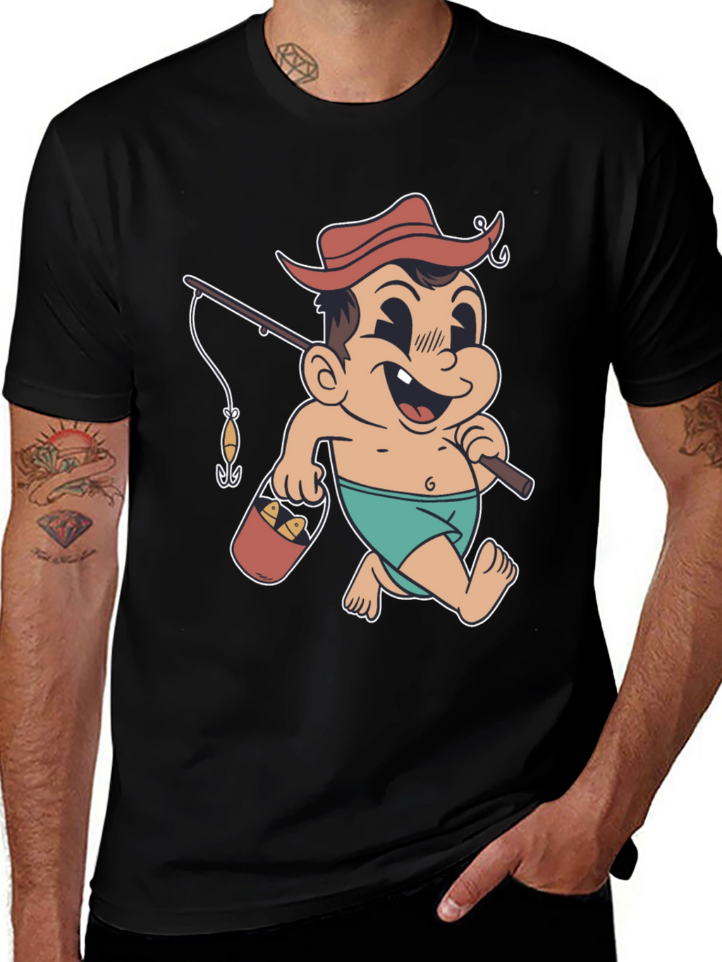 Cartoon Fisherman T-Shirt - Black Cotton Graphic Tee