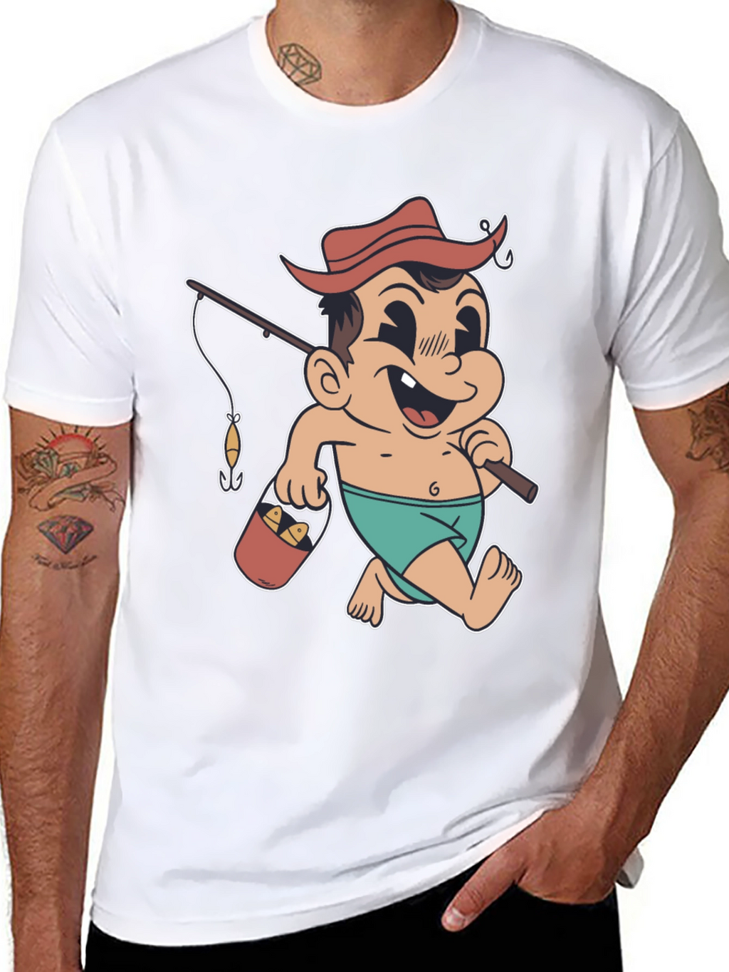 Cartoon Fisherman T-Shirt - Black Cotton Graphic Tee