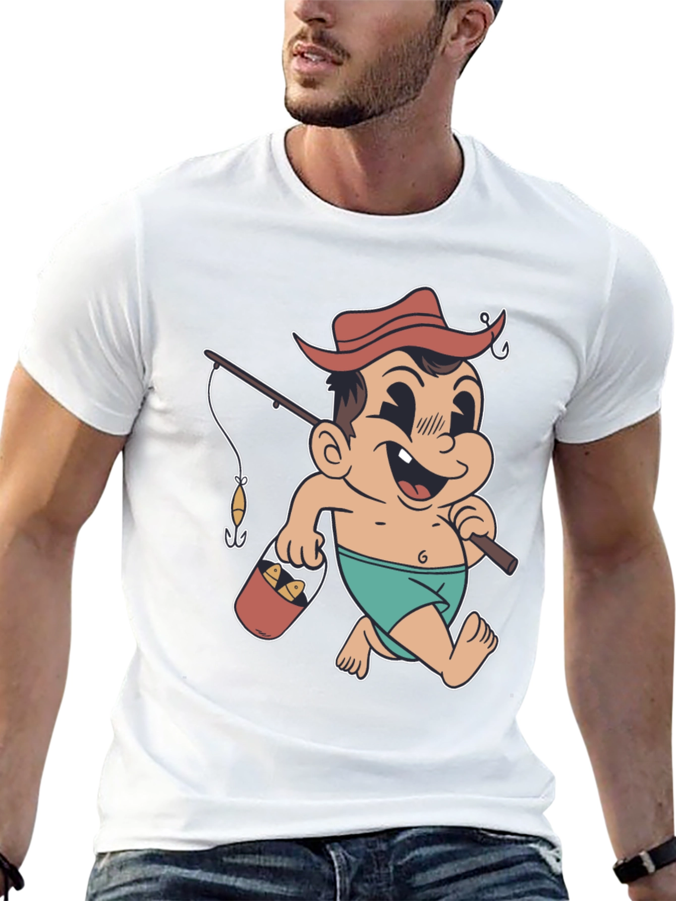 Cartoon Fisherman T-Shirt - Black Cotton Graphic Tee
