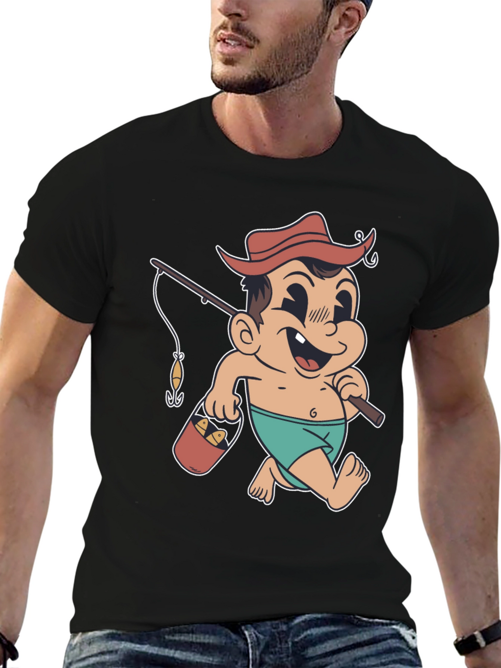 Cartoon Fisherman T-Shirt - Black Cotton Graphic Tee