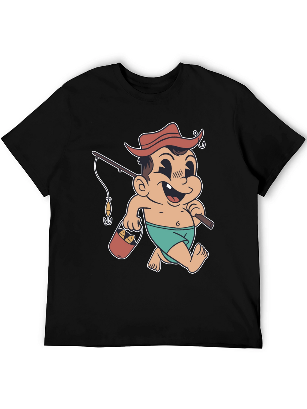Cartoon Fisherman T-Shirt - Black Cotton Graphic Tee