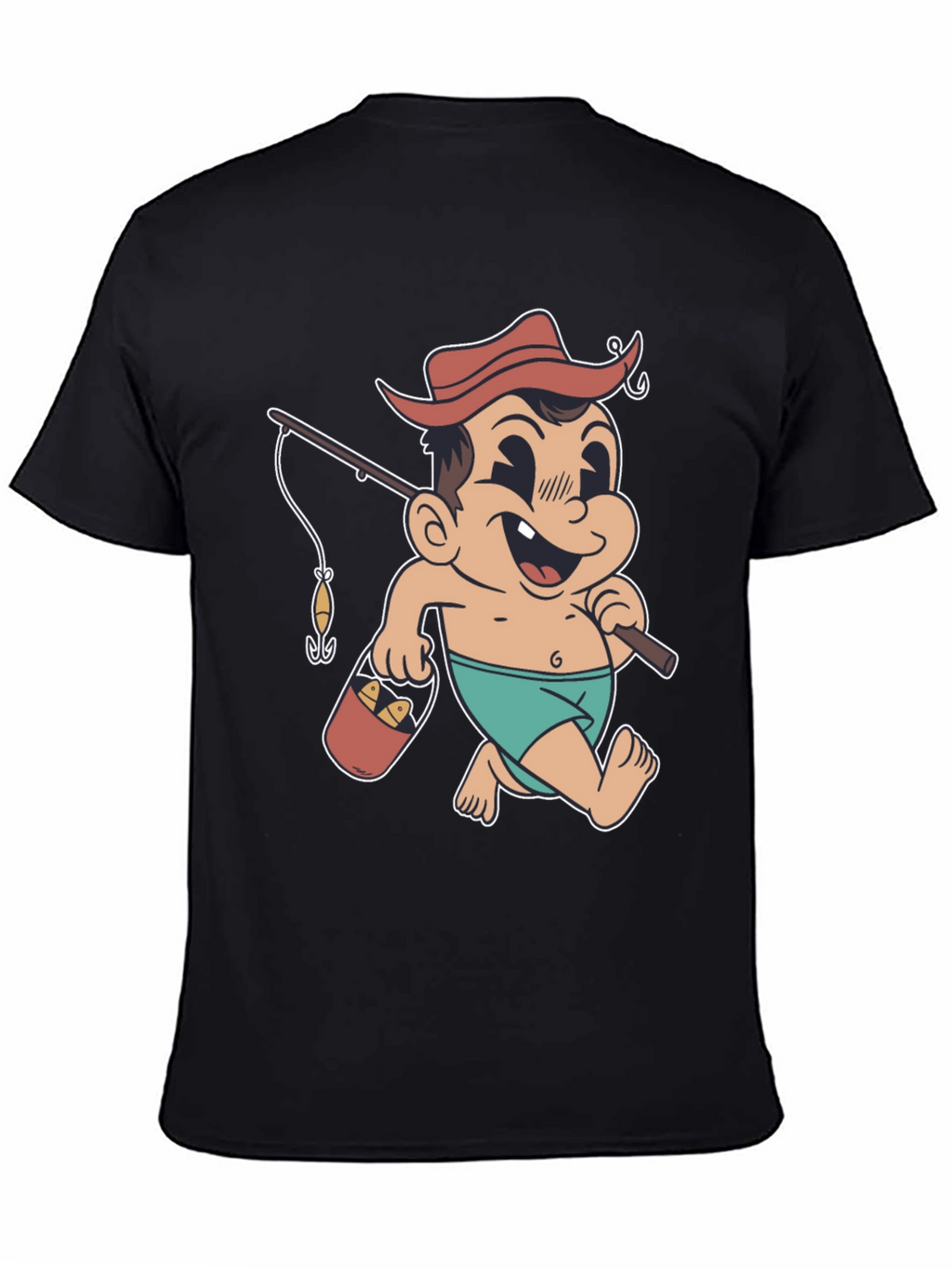 Cartoon Fisherman T-Shirt - Black Cotton Graphic Tee