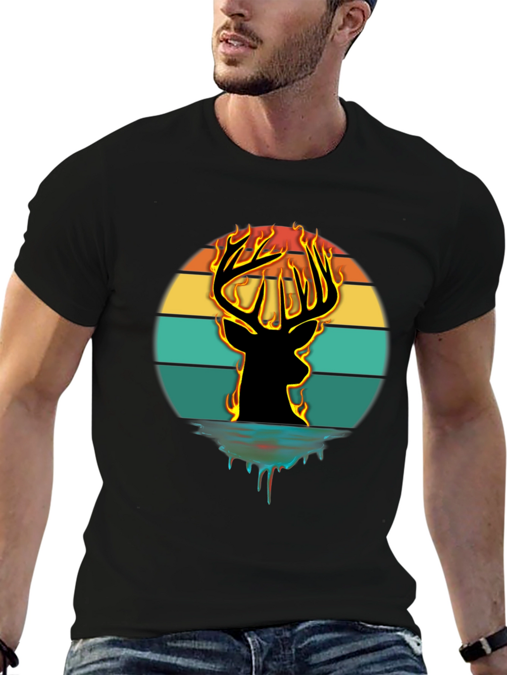 Fiery Deer Silhouette Graphic T-Shirt