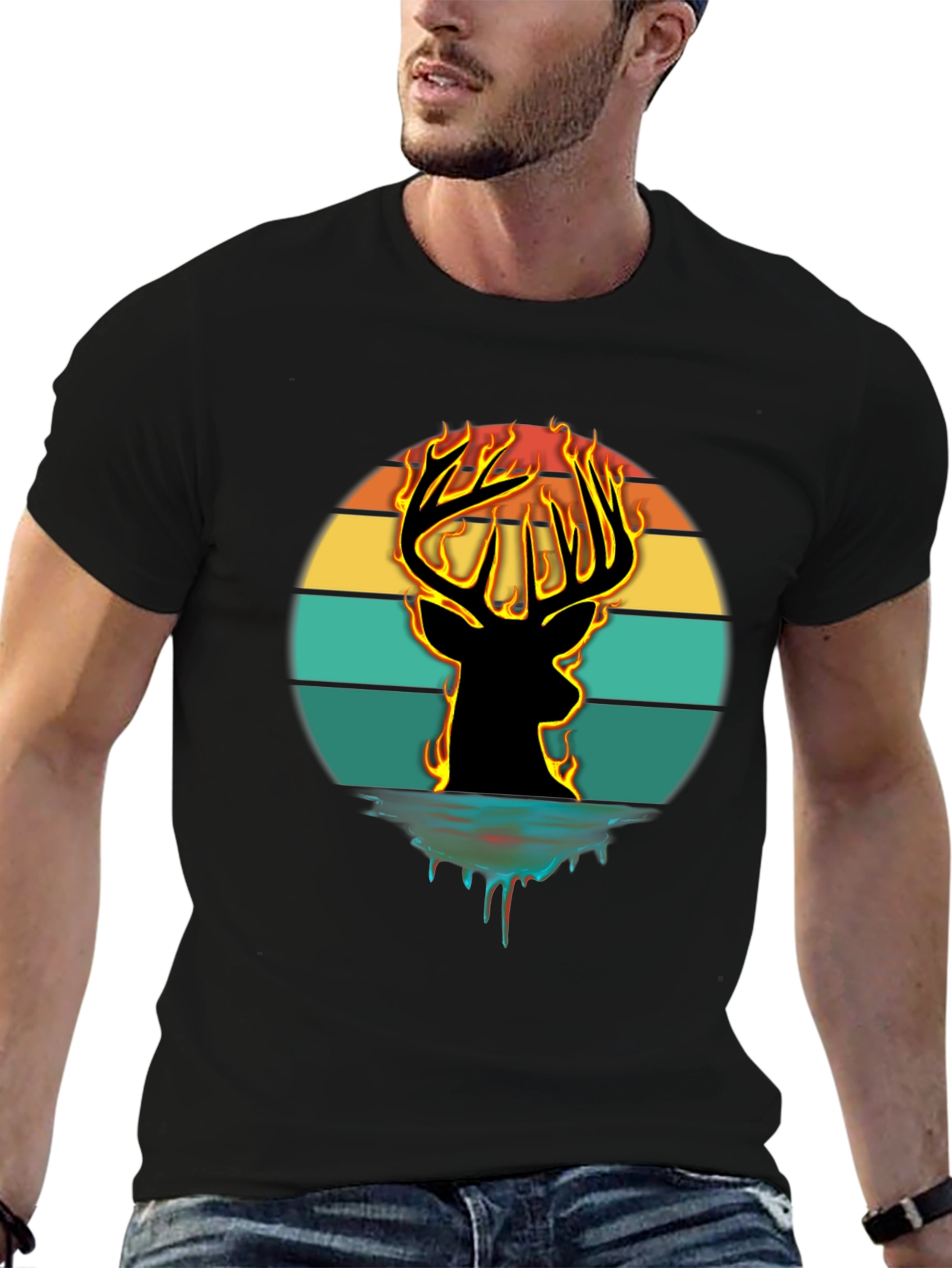 Fiery Deer Silhouette Graphic T-Shirt