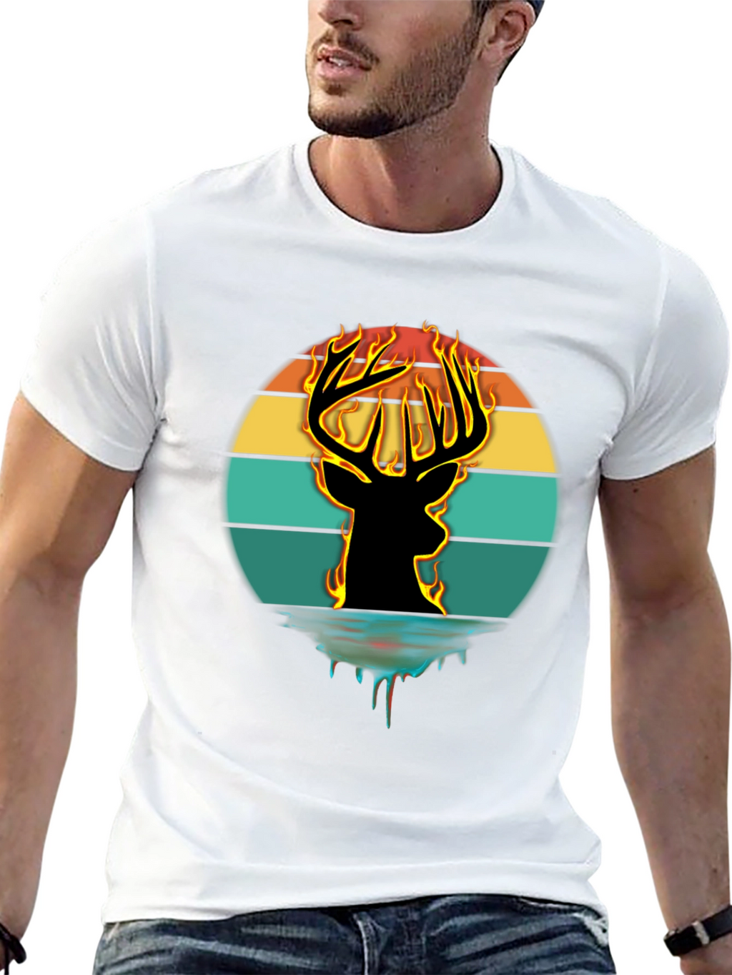 Fiery Deer Silhouette Graphic T-Shirt