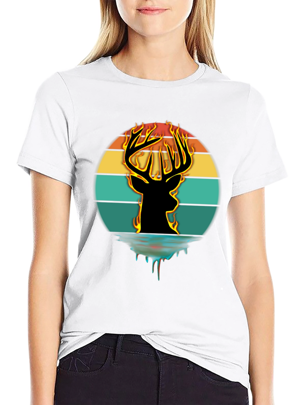 Fiery Deer Silhouette Graphic T-Shirt