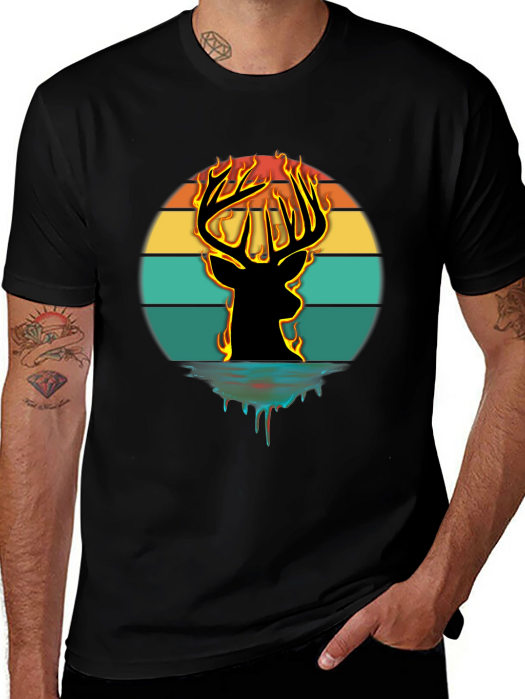 Fiery Deer Silhouette Graphic T-Shirt