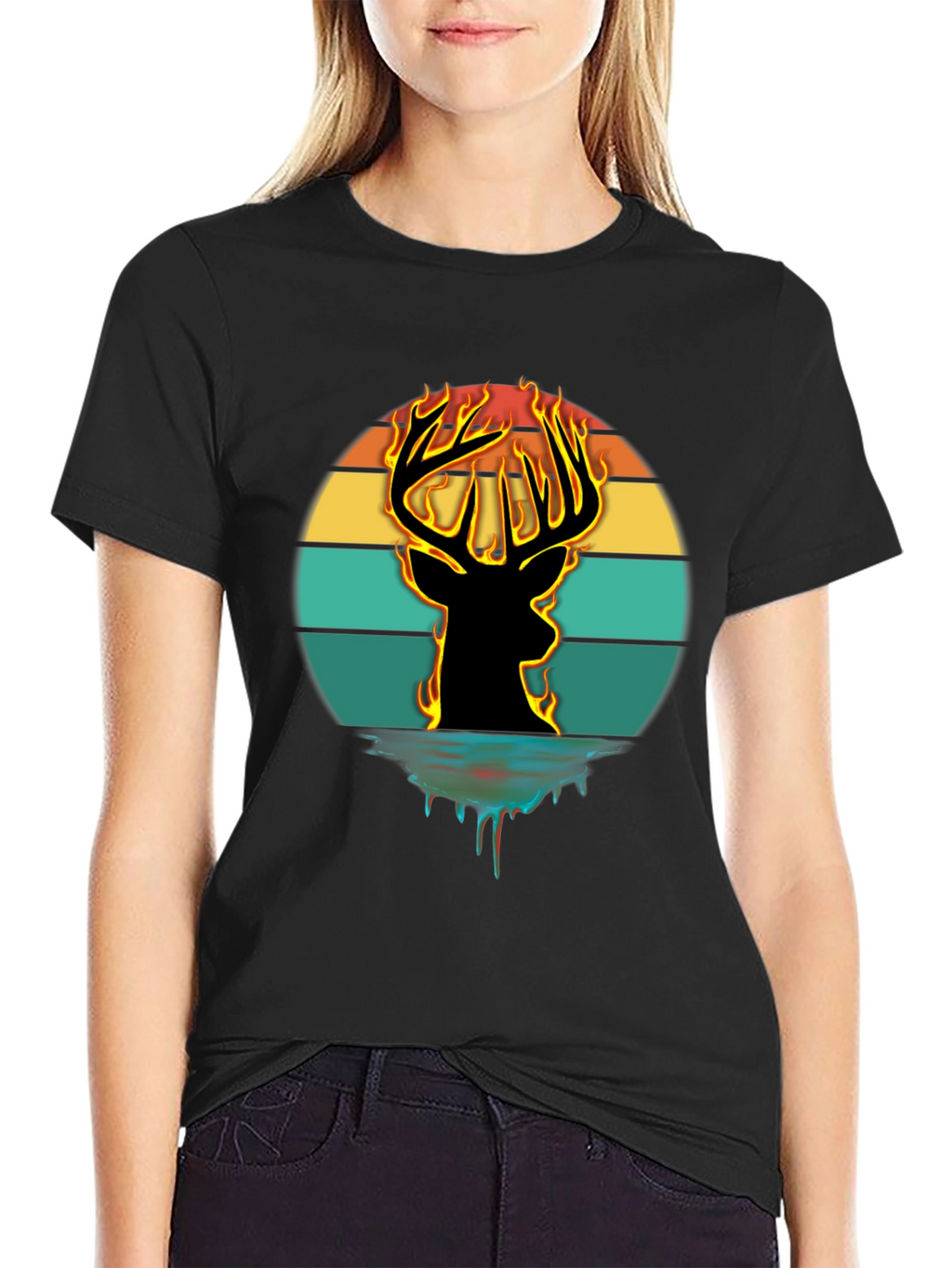 Fiery Deer Silhouette Graphic T-Shirt