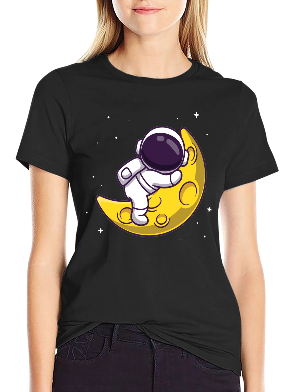 Astronaut on Moon Graphic Tee - Black Cotton T-Shirt
