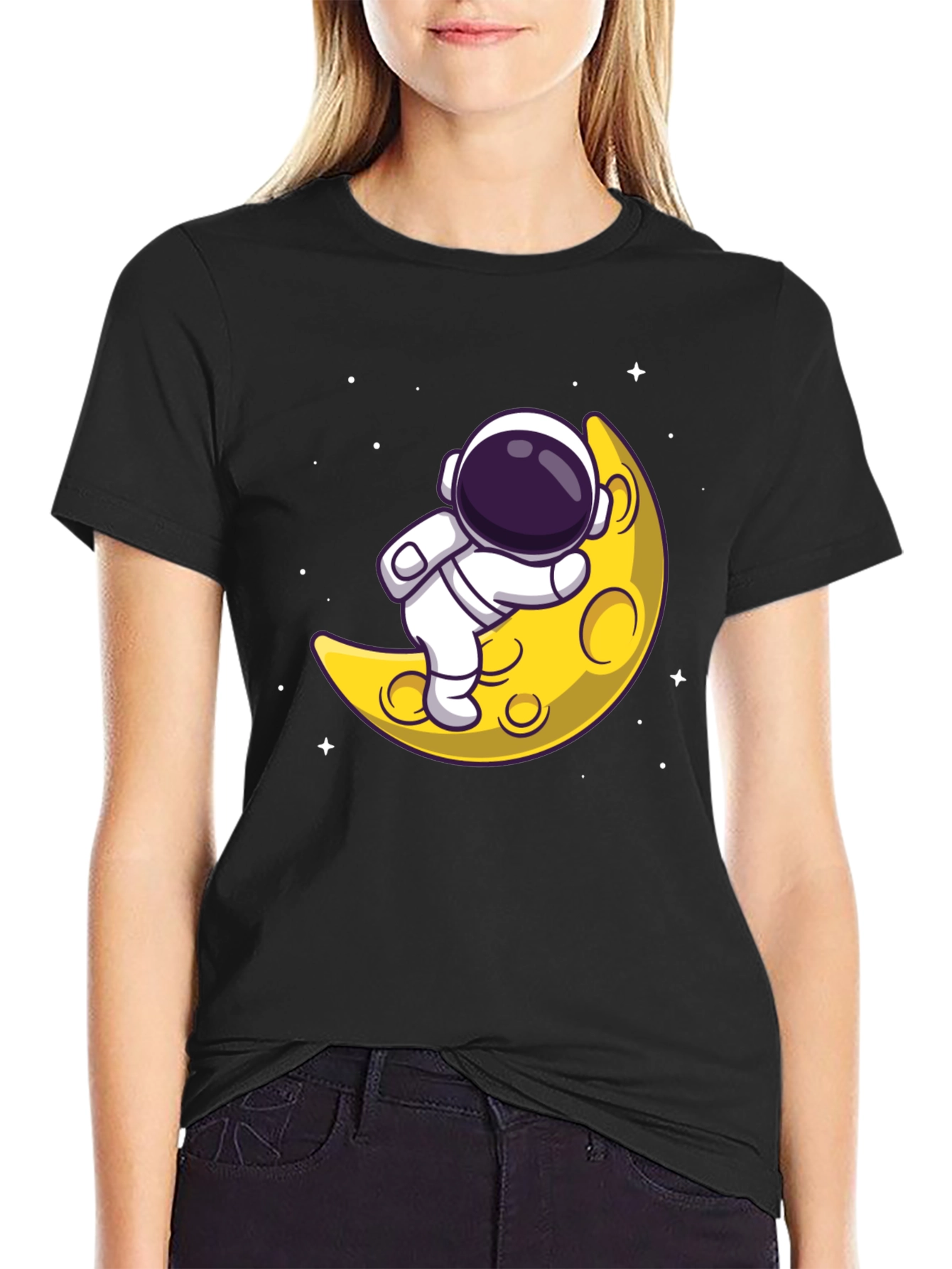 Astronaut on Moon Graphic Tee - Black Cotton T-Shirt