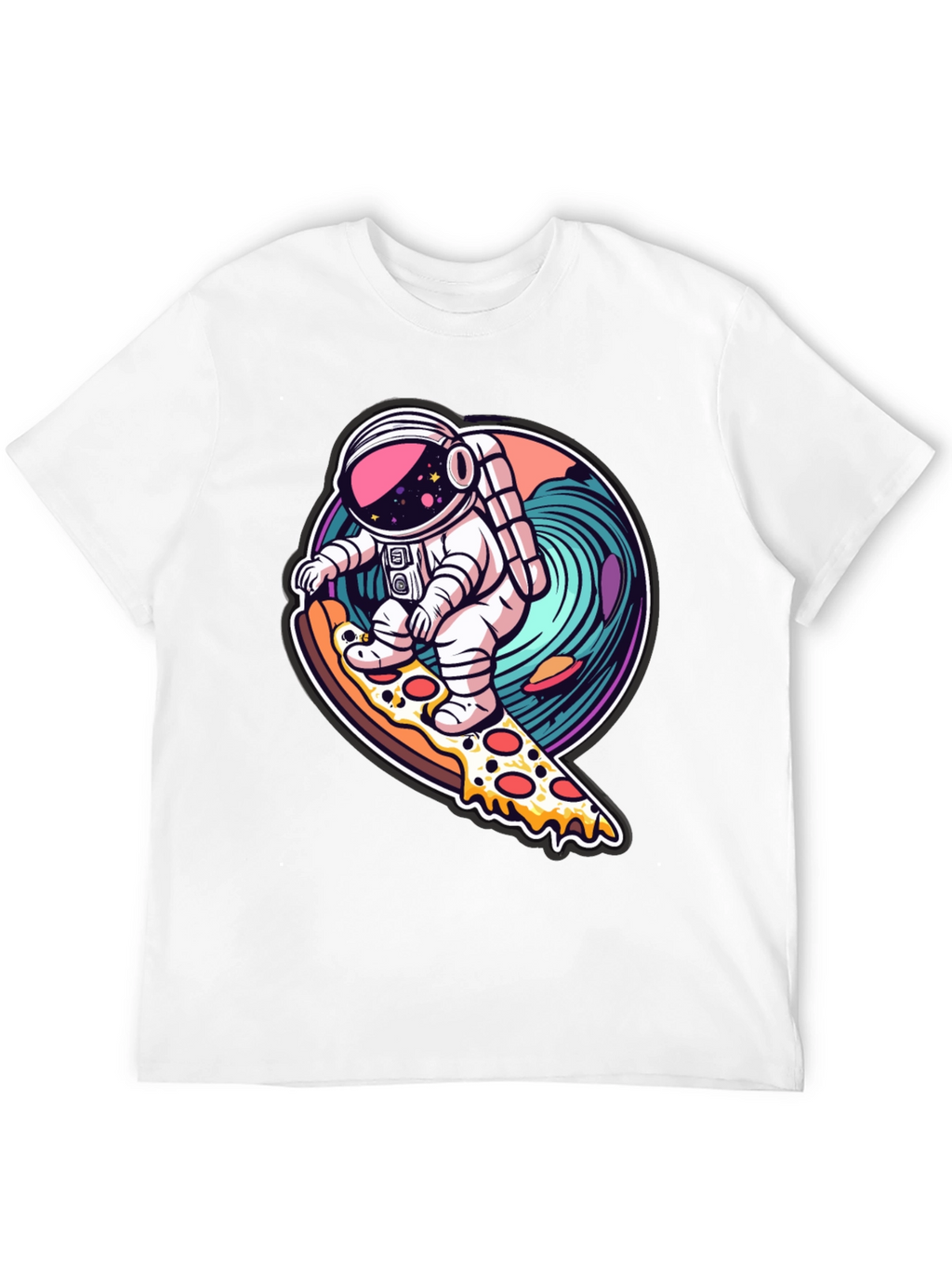 Astronaut Pizza Surfing Black T-Shirt
