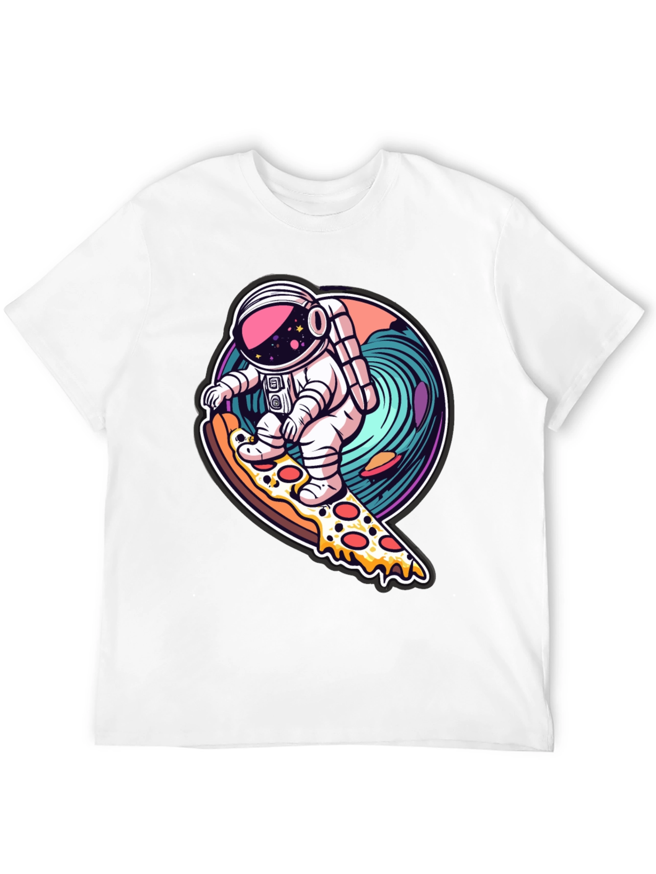 Astronaut Pizza Surfing Black T-Shirt