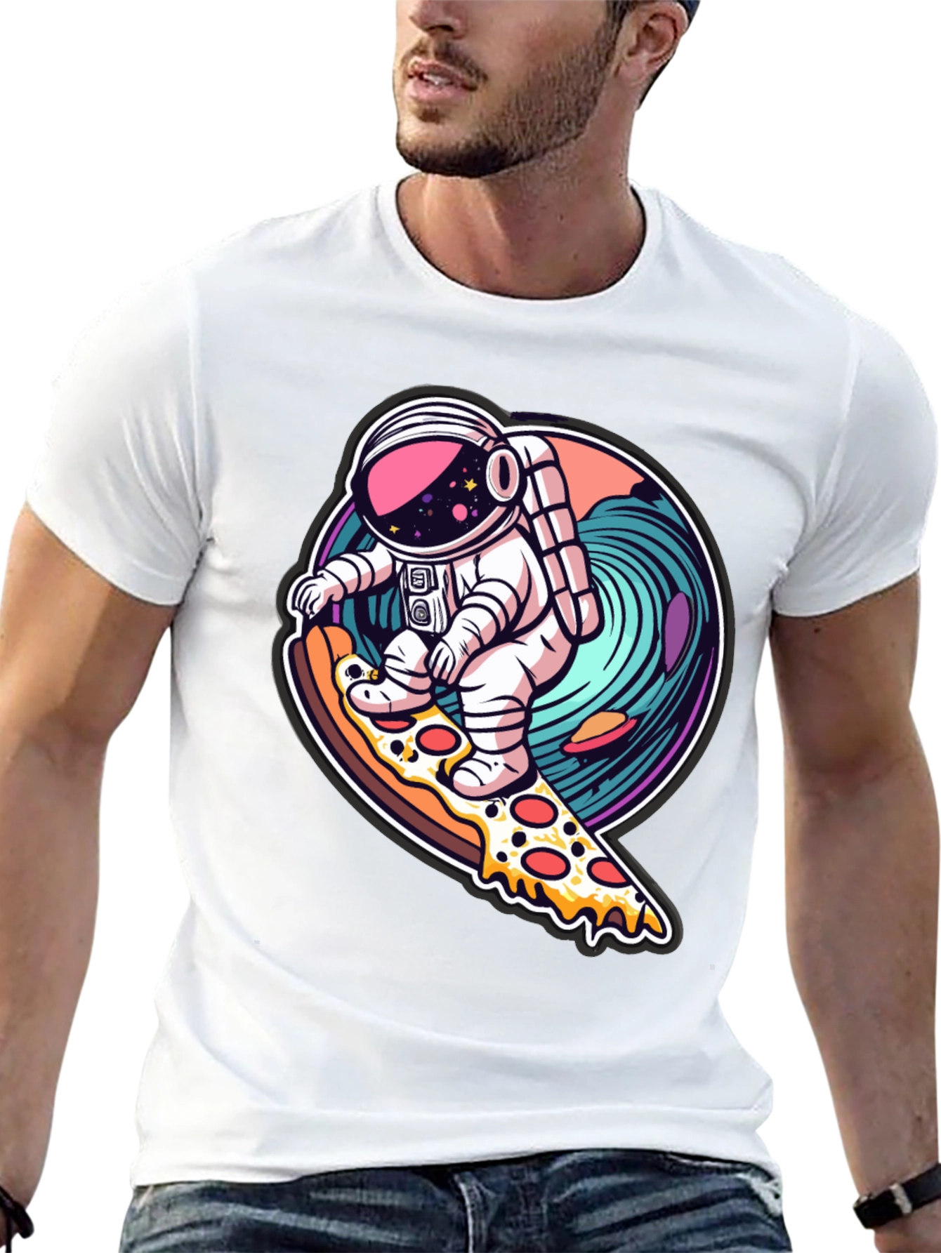 Astronaut Pizza Surfing Black T-Shirt