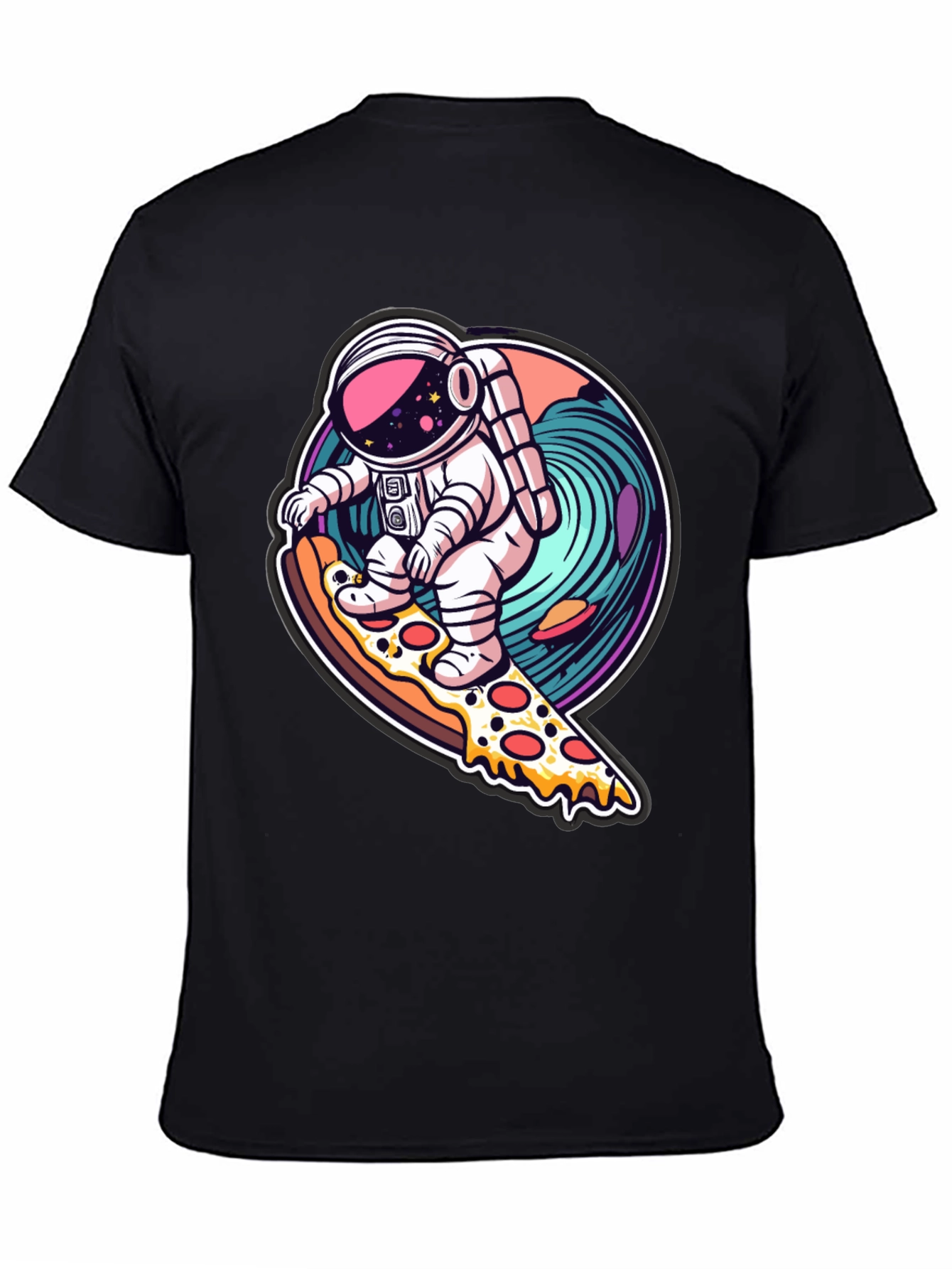 Astronaut Pizza Surfing Black T-Shirt