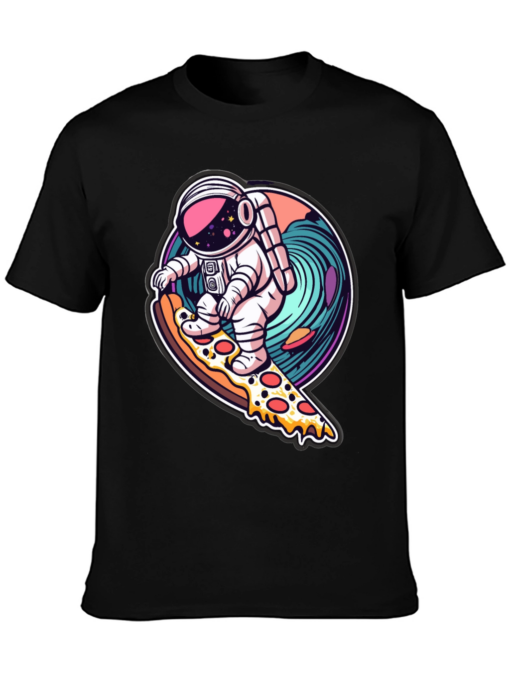 Astronaut Pizza Surfing Black T-Shirt