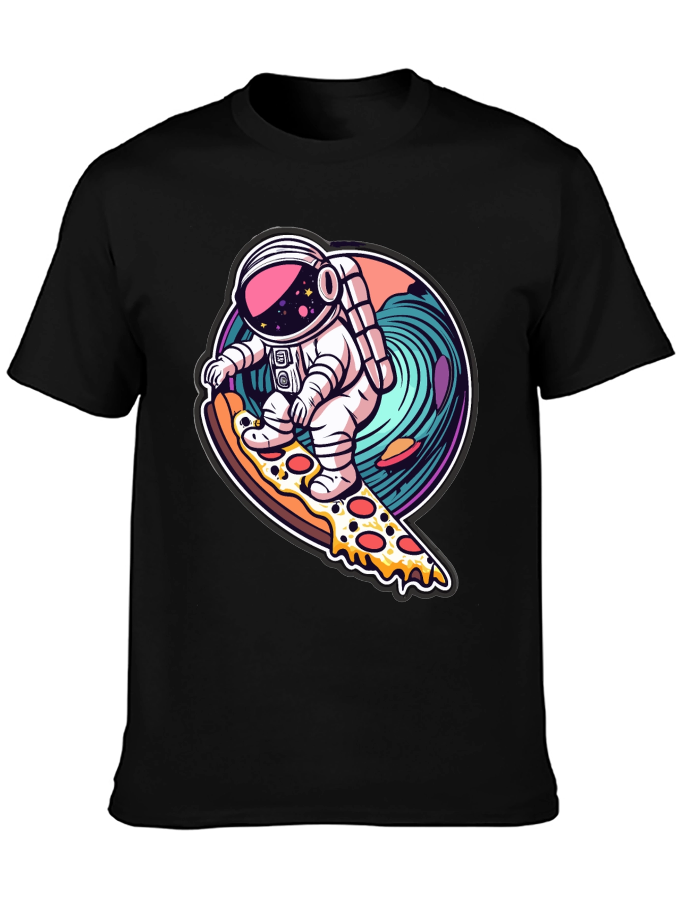Astronaut Pizza Surfing Black T-Shirt