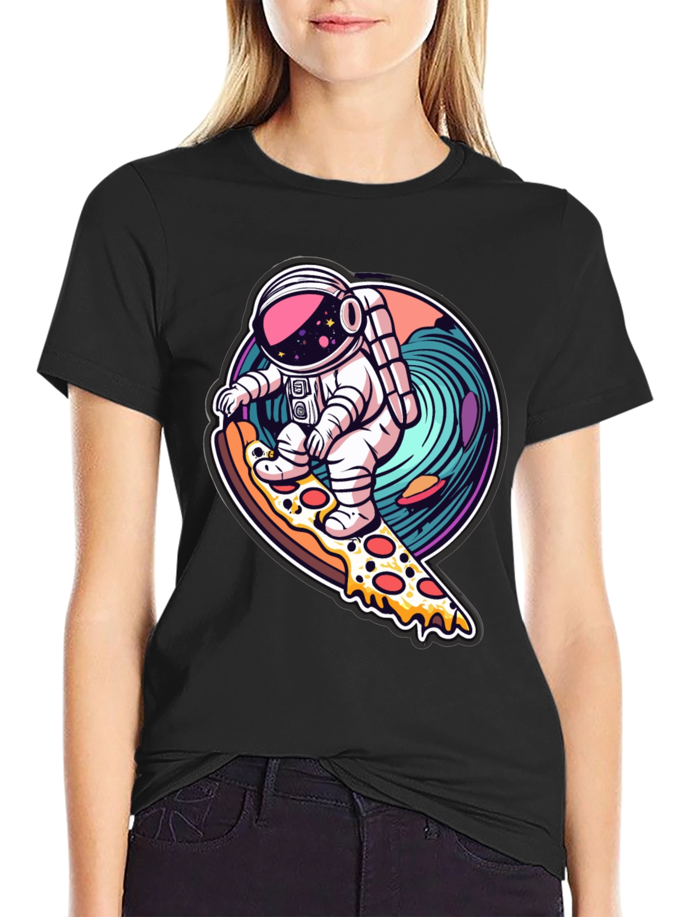 Astronaut Pizza Surfing Black T-Shirt
