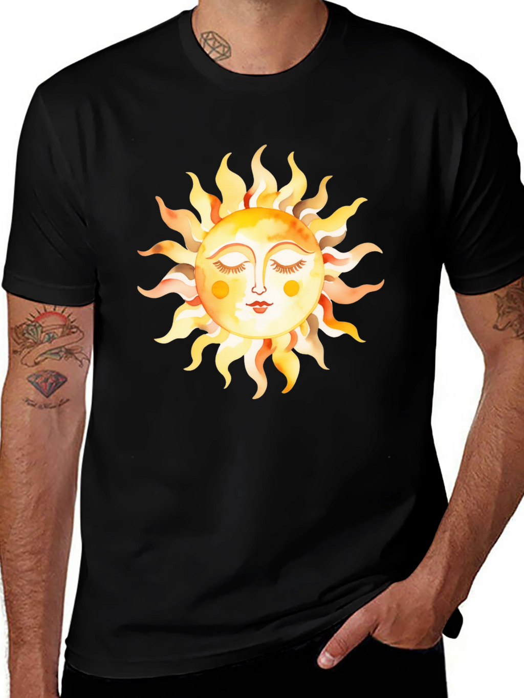 Boho Sun Graphic Tee - Soft Black Cotton T-Shirt