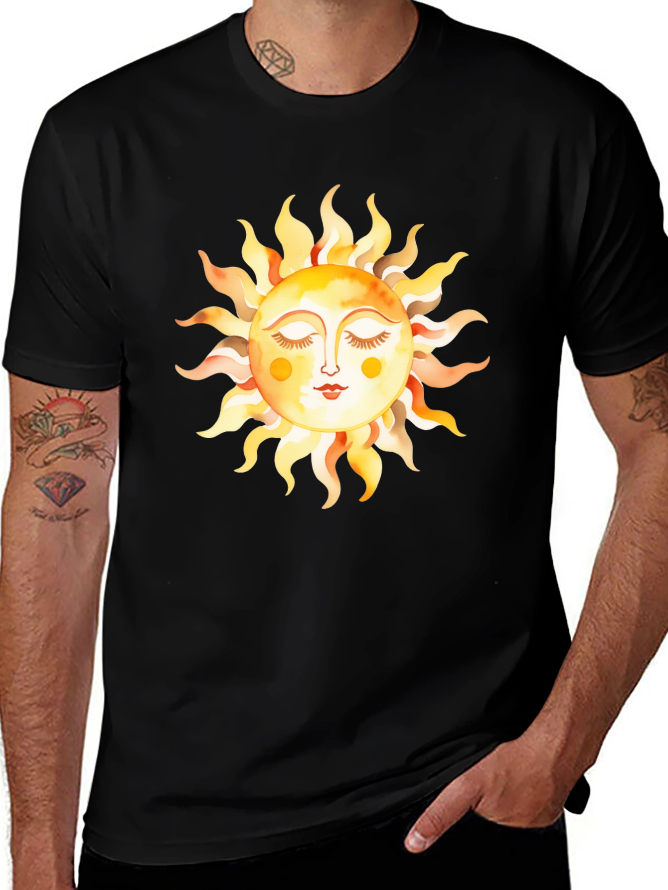 Boho Sun Graphic Tee - Soft Black Cotton T-Shirt