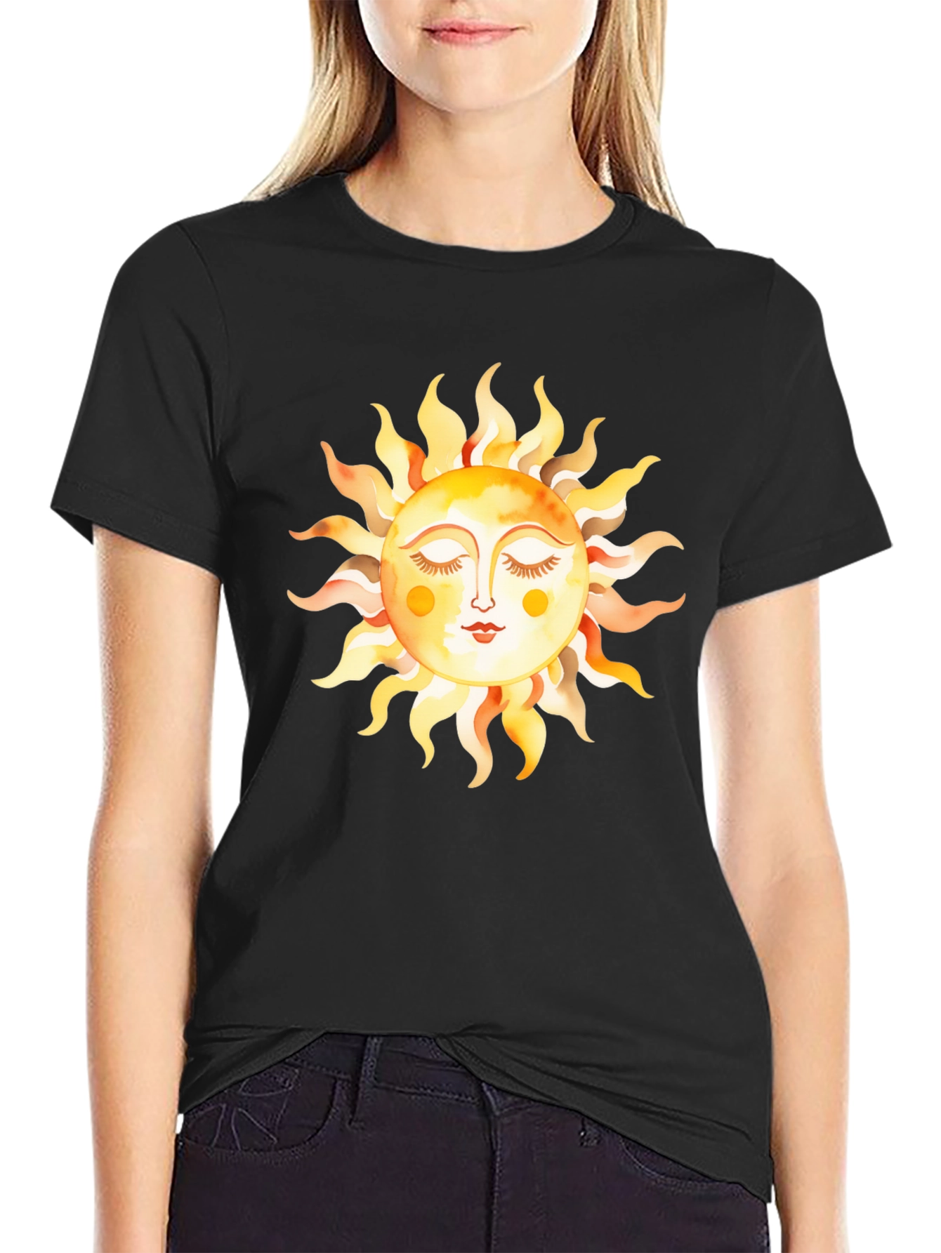 Boho Sun Graphic Tee - Soft Black Cotton T-Shirt
