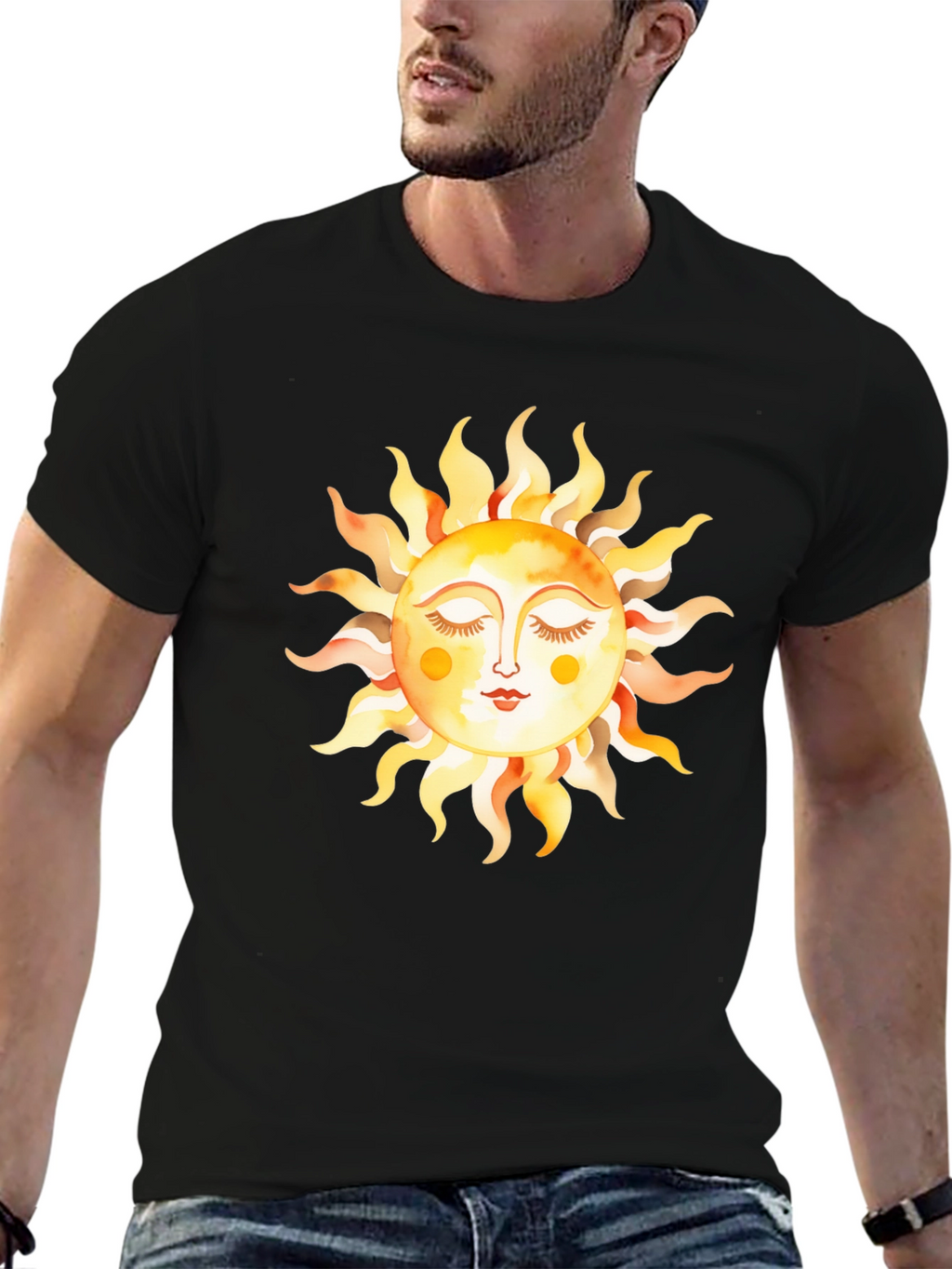 Boho Sun Graphic Tee - Soft Black Cotton T-Shirt