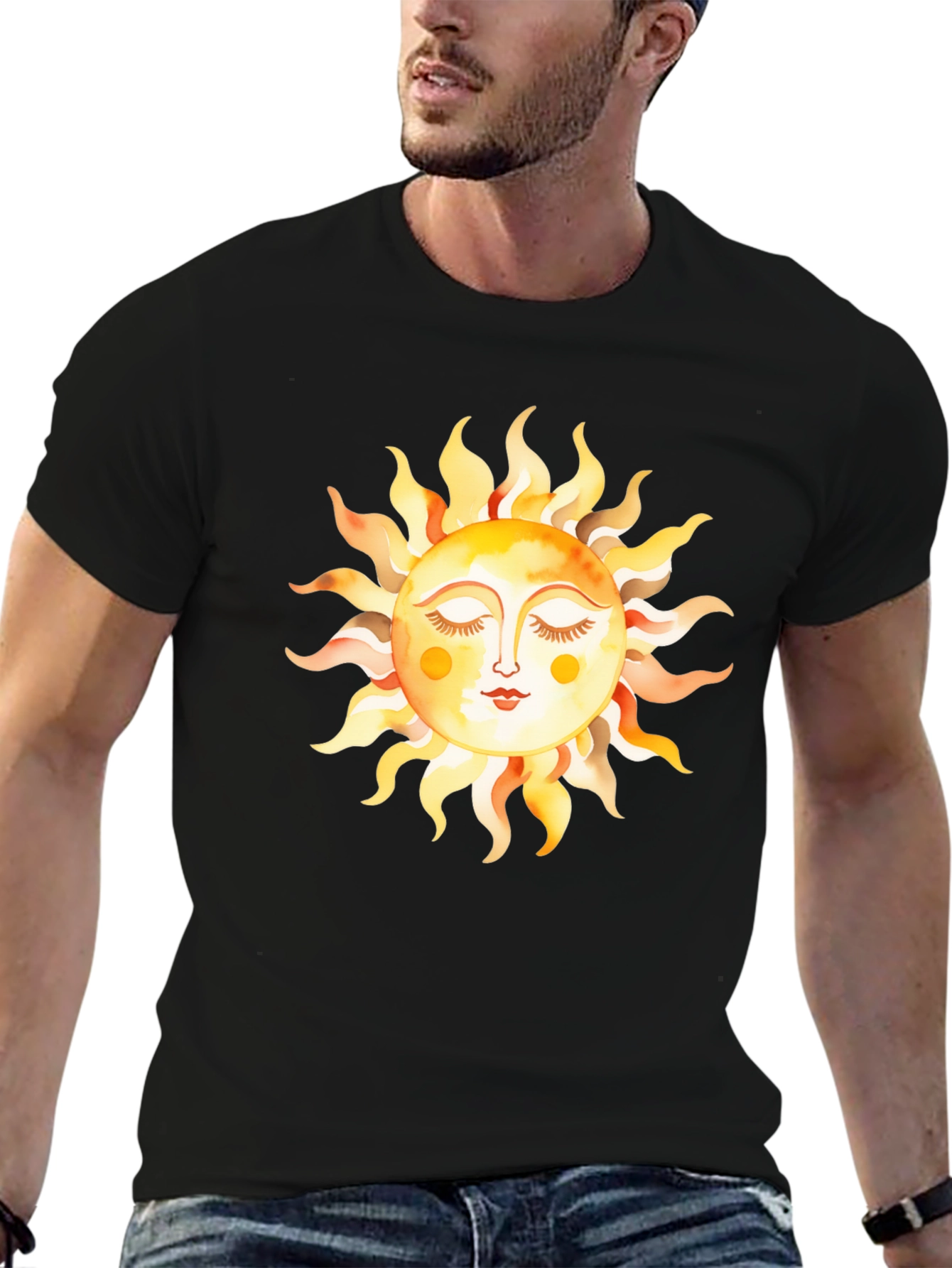 Boho Sun Graphic Tee - Soft Black Cotton T-Shirt
