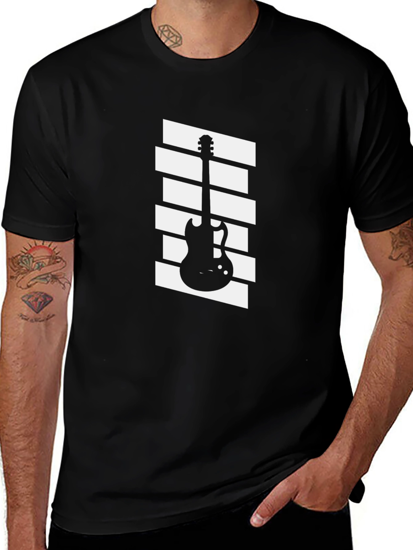 Guitar Graphic Tee - Black Cotton Casual Shirt