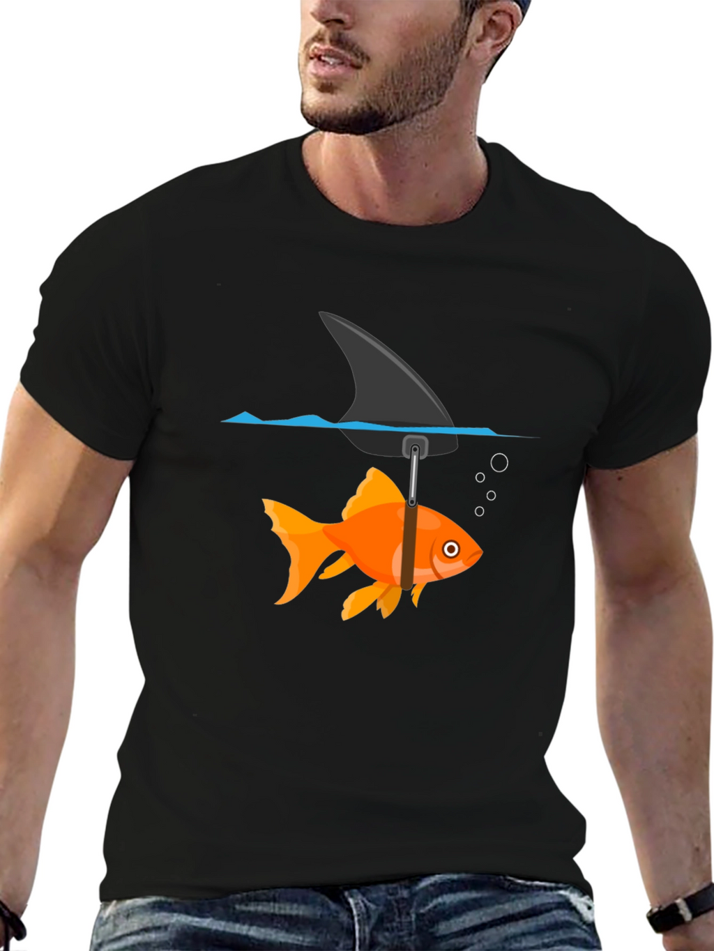 Funny Goldfish Shark Fin Black T-Shirt