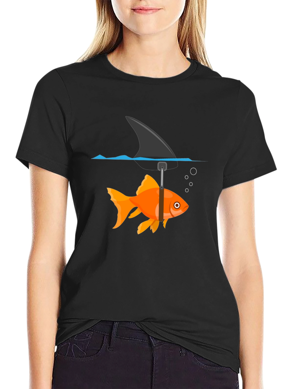 Funny Goldfish Shark Fin Black T-Shirt