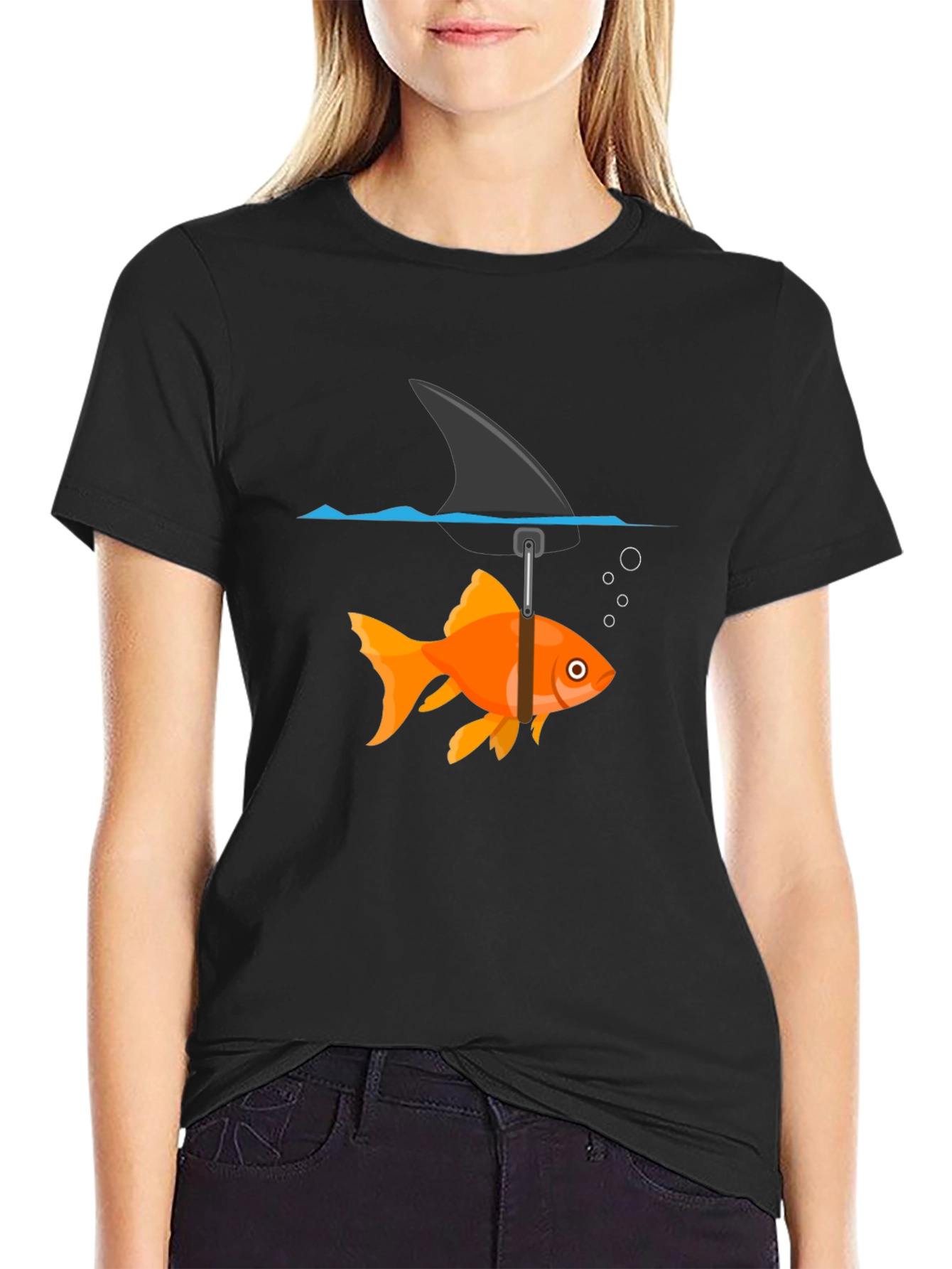 Funny Goldfish Shark Fin Black T-Shirt