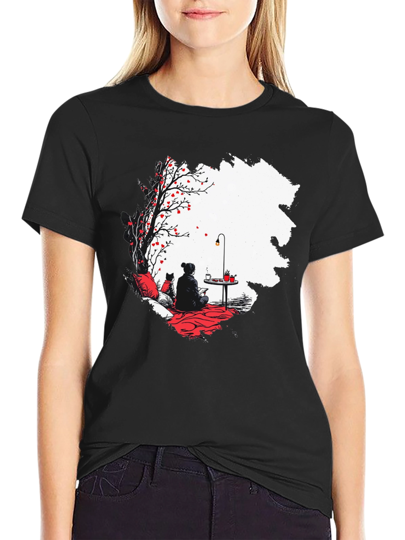 Black T-Shirt with Serene Scene Graphic