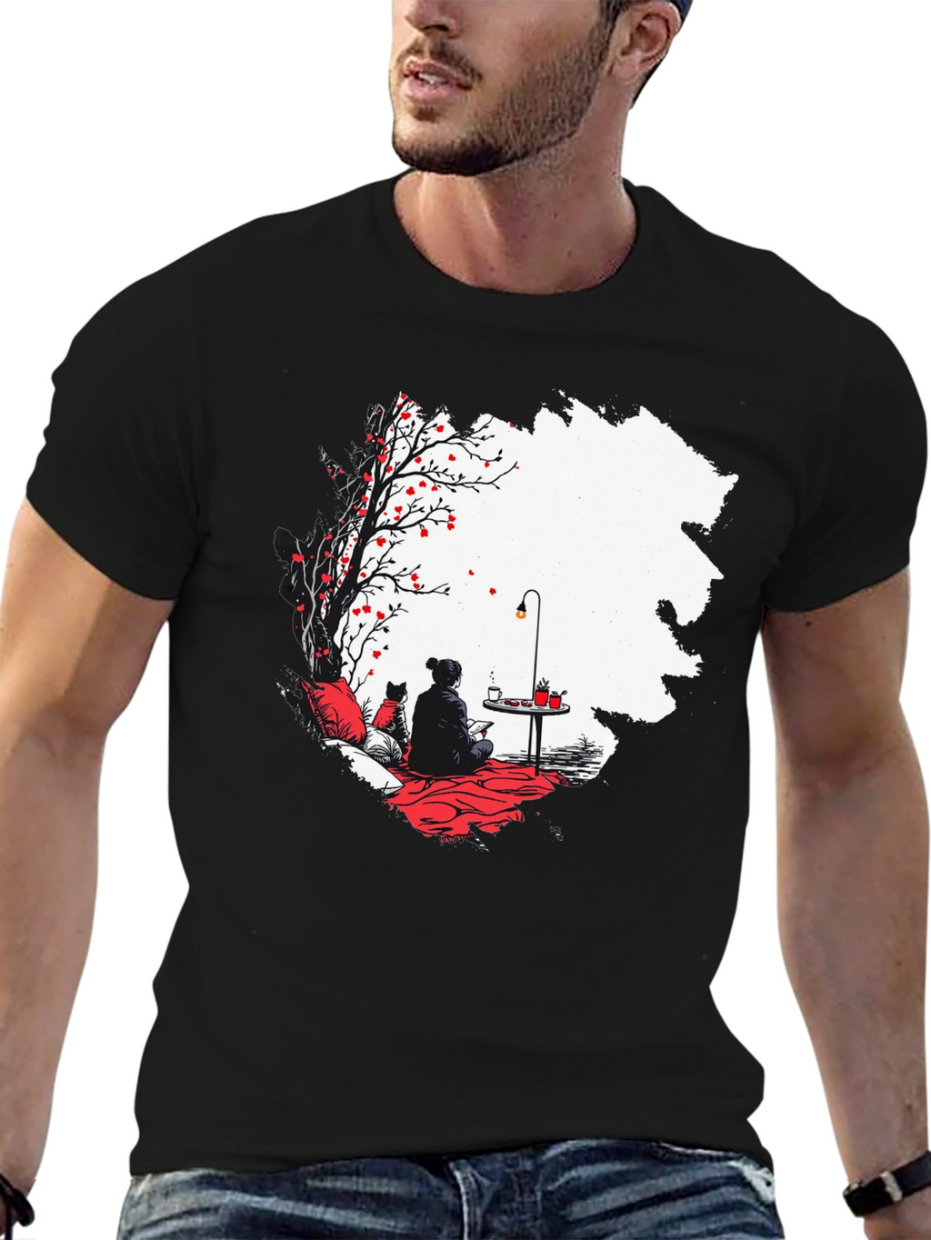 Black T-Shirt with Serene Scene Graphic