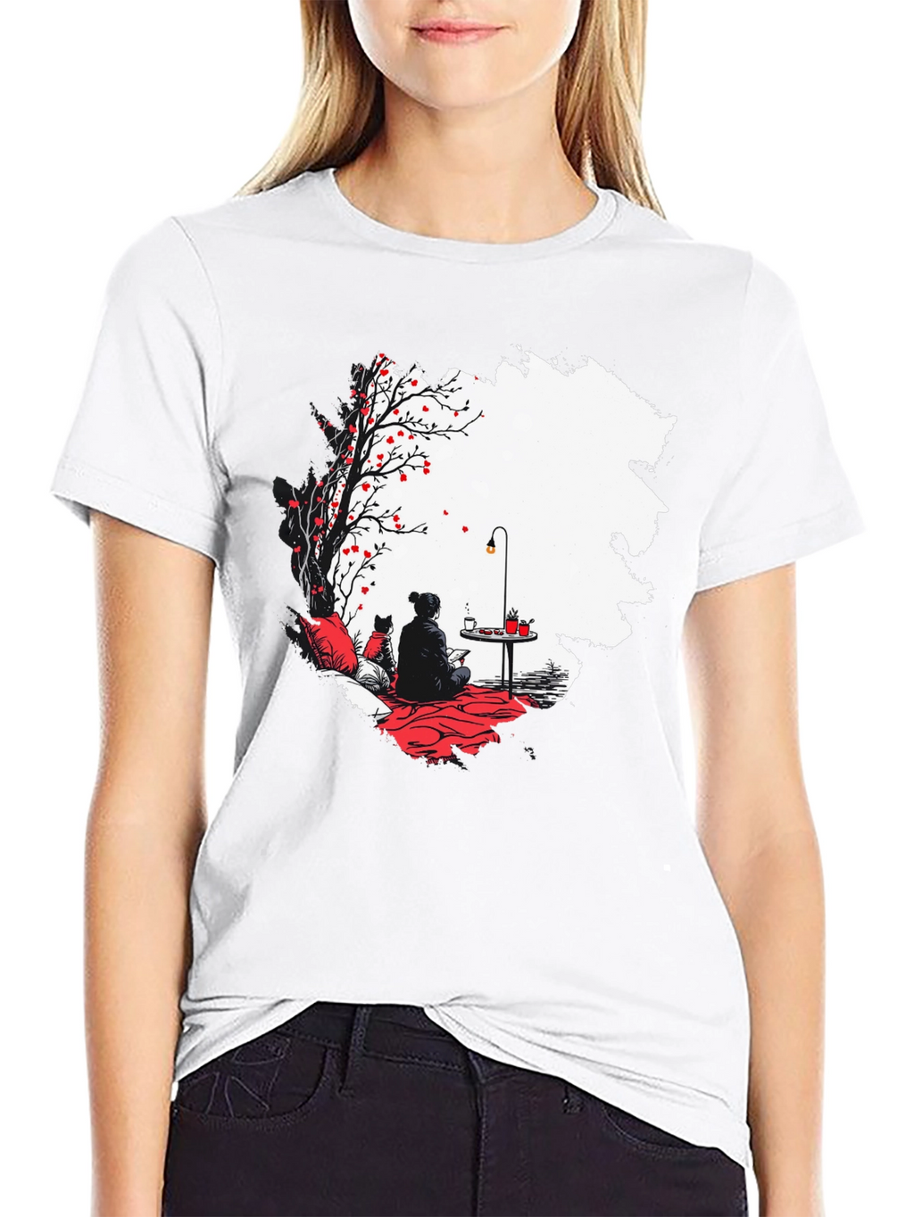 Black T-Shirt with Serene Scene Graphic