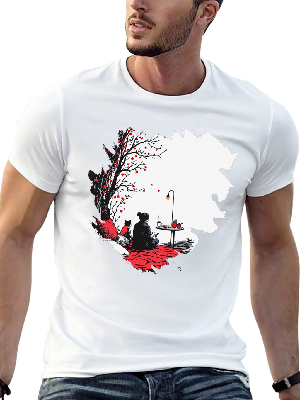 Black T-Shirt with Serene Scene Graphic