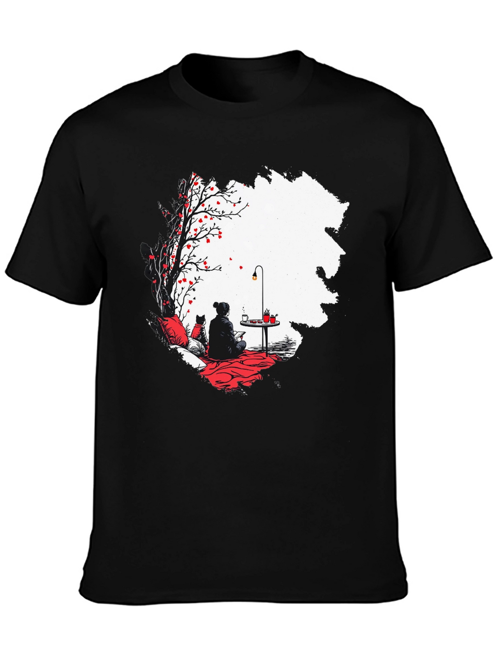 Black T-Shirt with Serene Scene Graphic