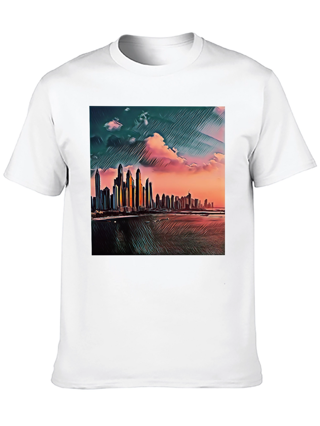 Dubai Skyline Art T-Shirt - Black Crew Neck Tee