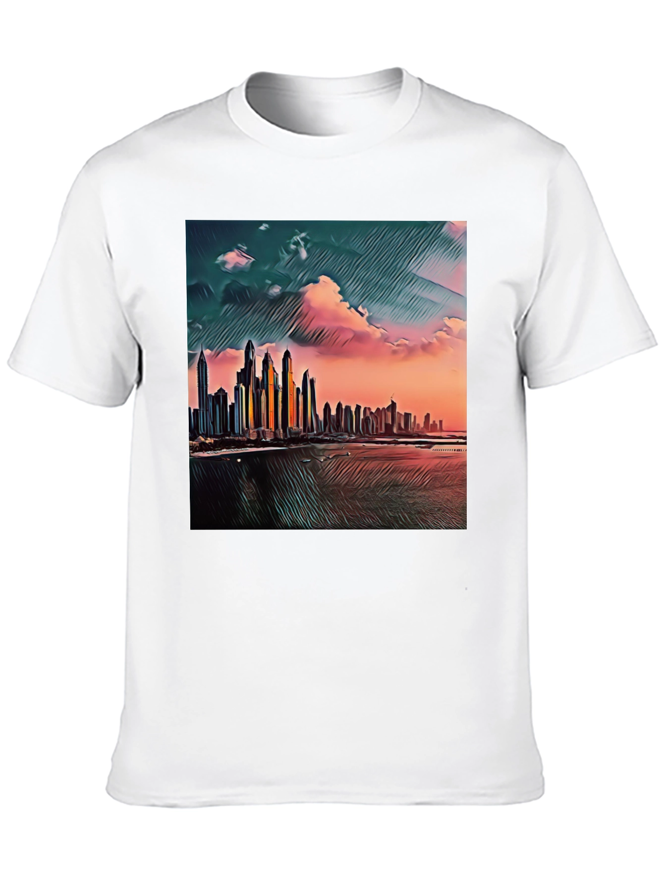 Dubai Skyline Art T-Shirt - Black Crew Neck Tee