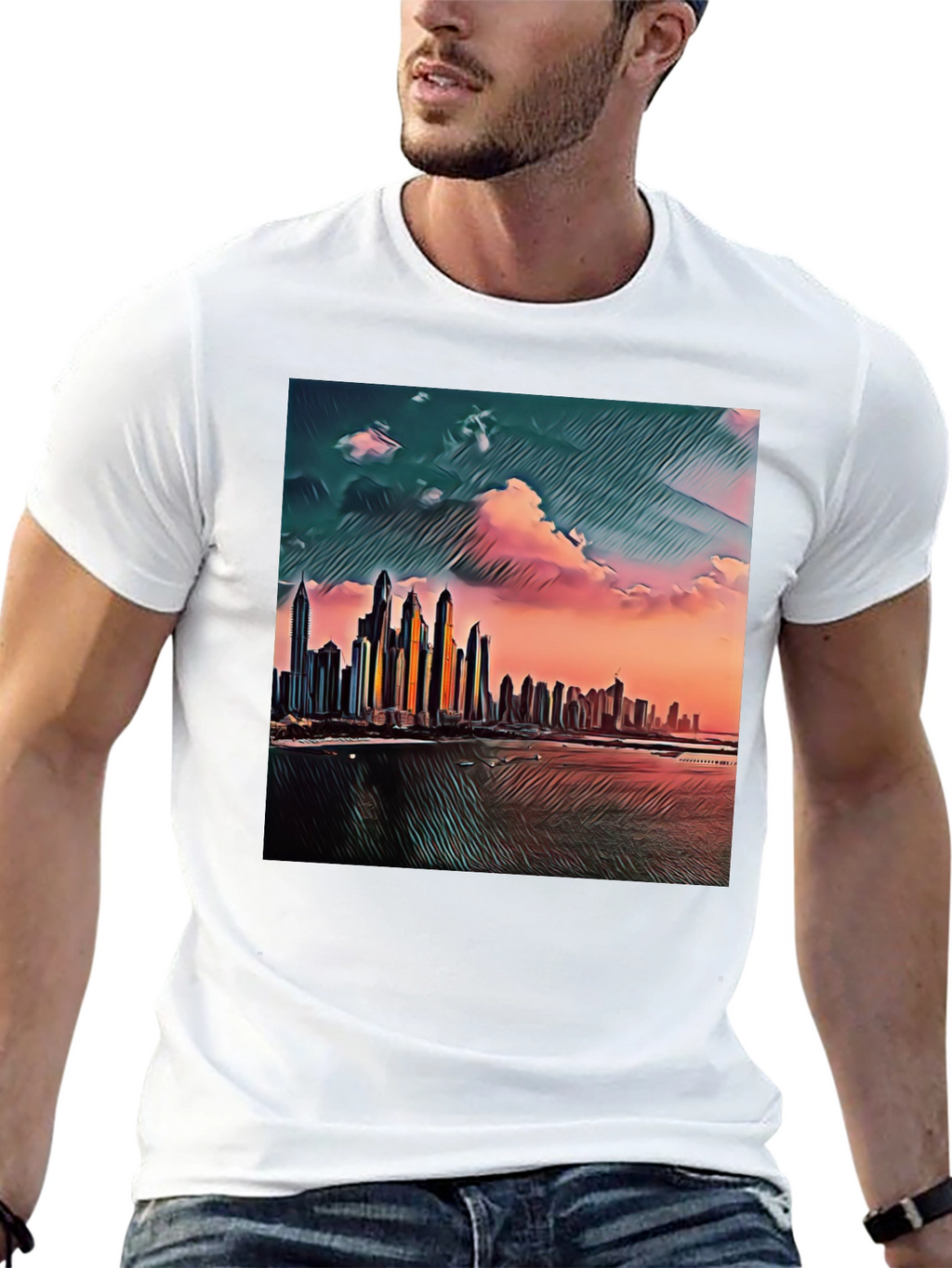 Dubai Skyline Art T-Shirt - Black Crew Neck Tee
