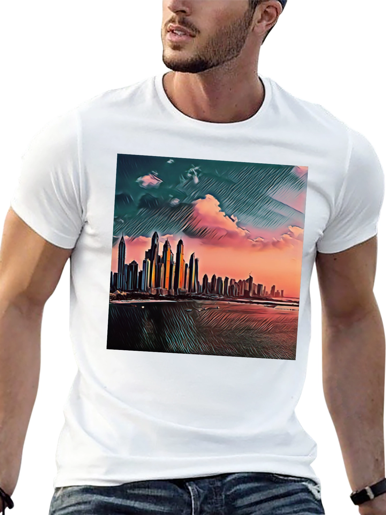 Dubai Skyline Art T-Shirt - Black Crew Neck Tee