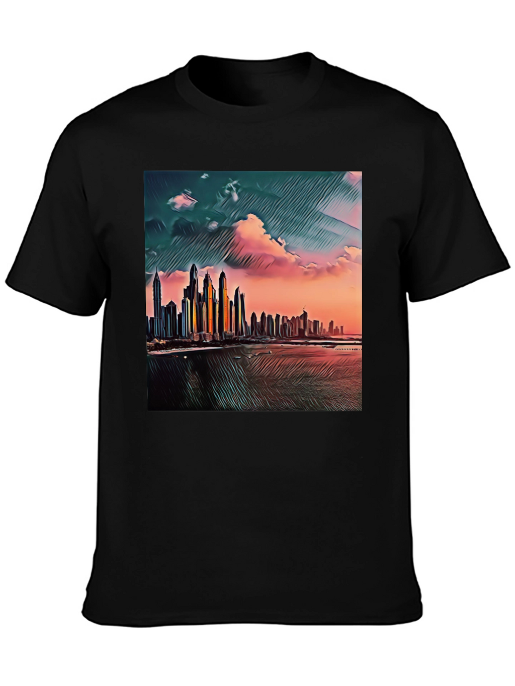 Dubai Skyline Art T-Shirt - Black Crew Neck Tee