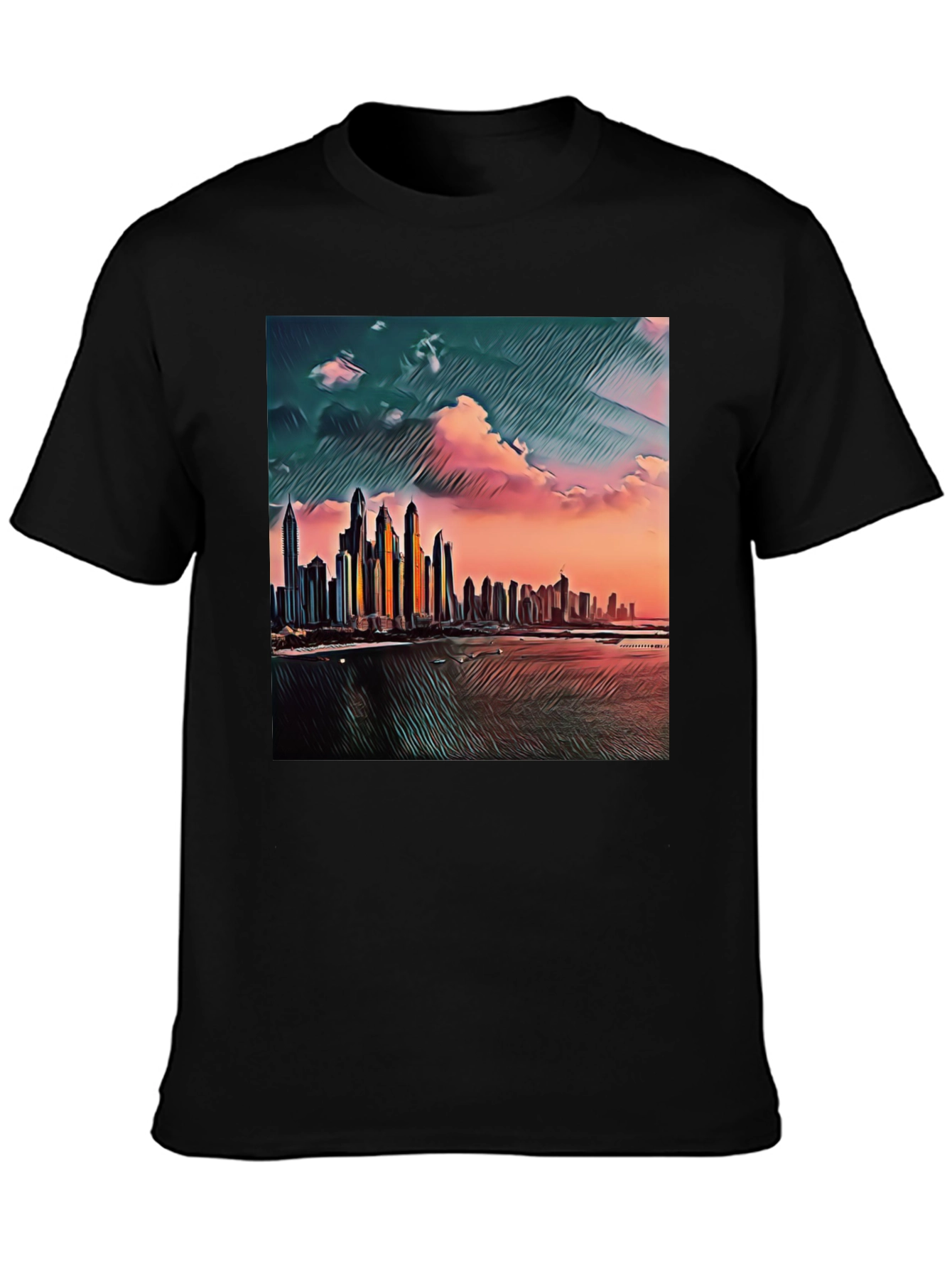 Dubai Skyline Art T-Shirt - Black Crew Neck Tee