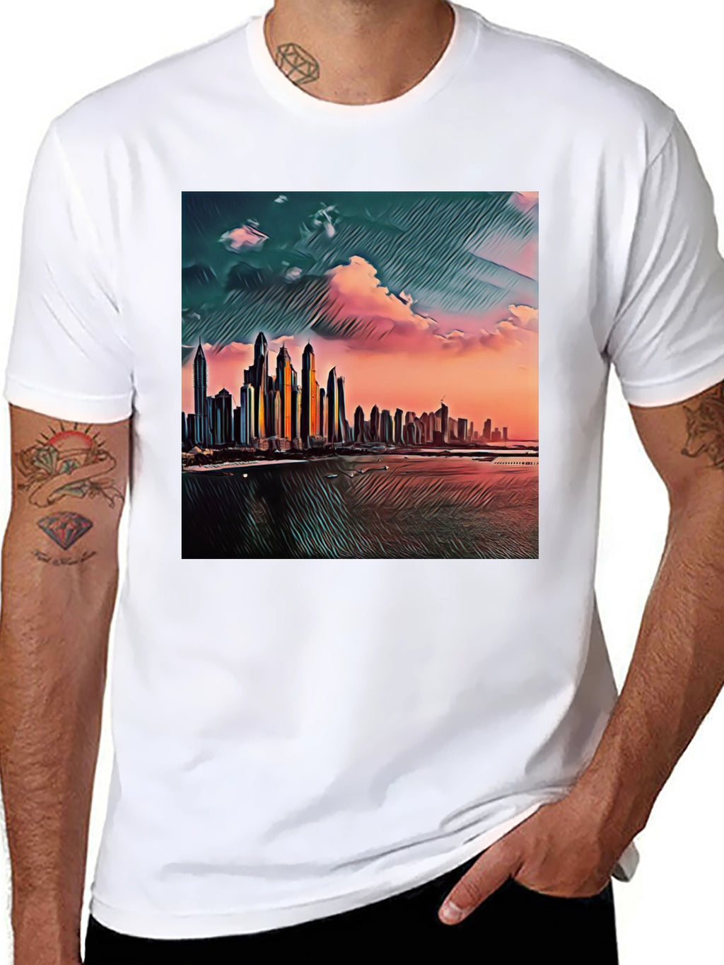 Dubai Skyline Art T-Shirt - Black Crew Neck Tee