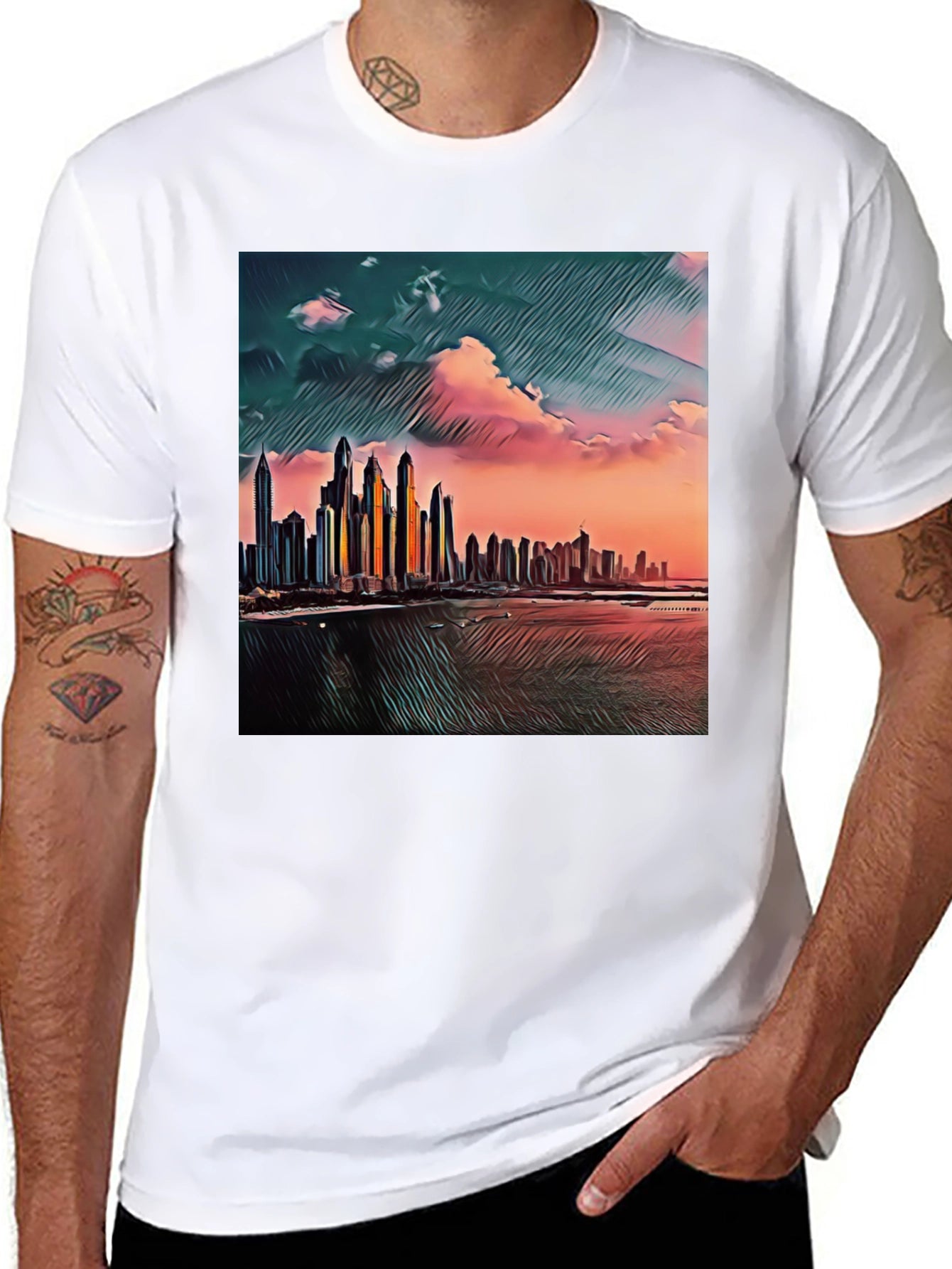 Dubai Skyline Art T-Shirt - Black Crew Neck Tee