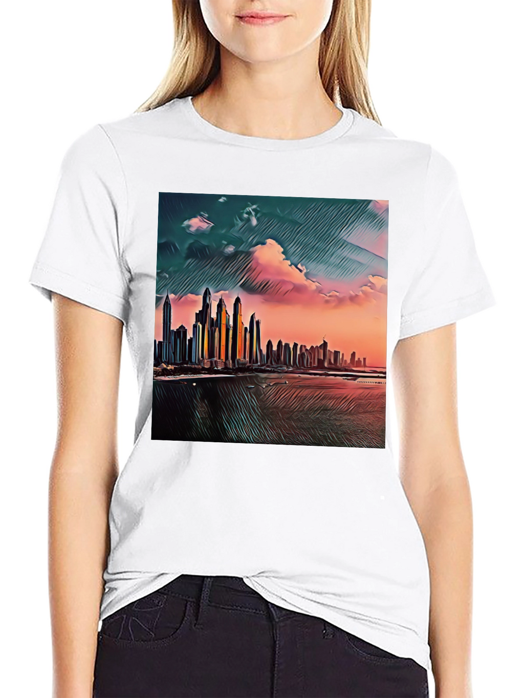 Dubai Skyline Art T-Shirt - Black Crew Neck Tee