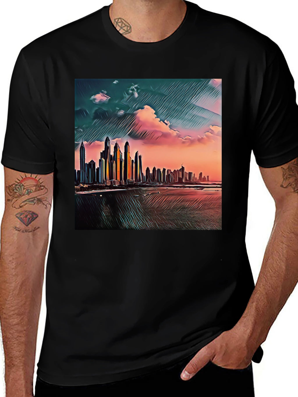 Dubai Skyline Art T-Shirt - Black Crew Neck Tee
