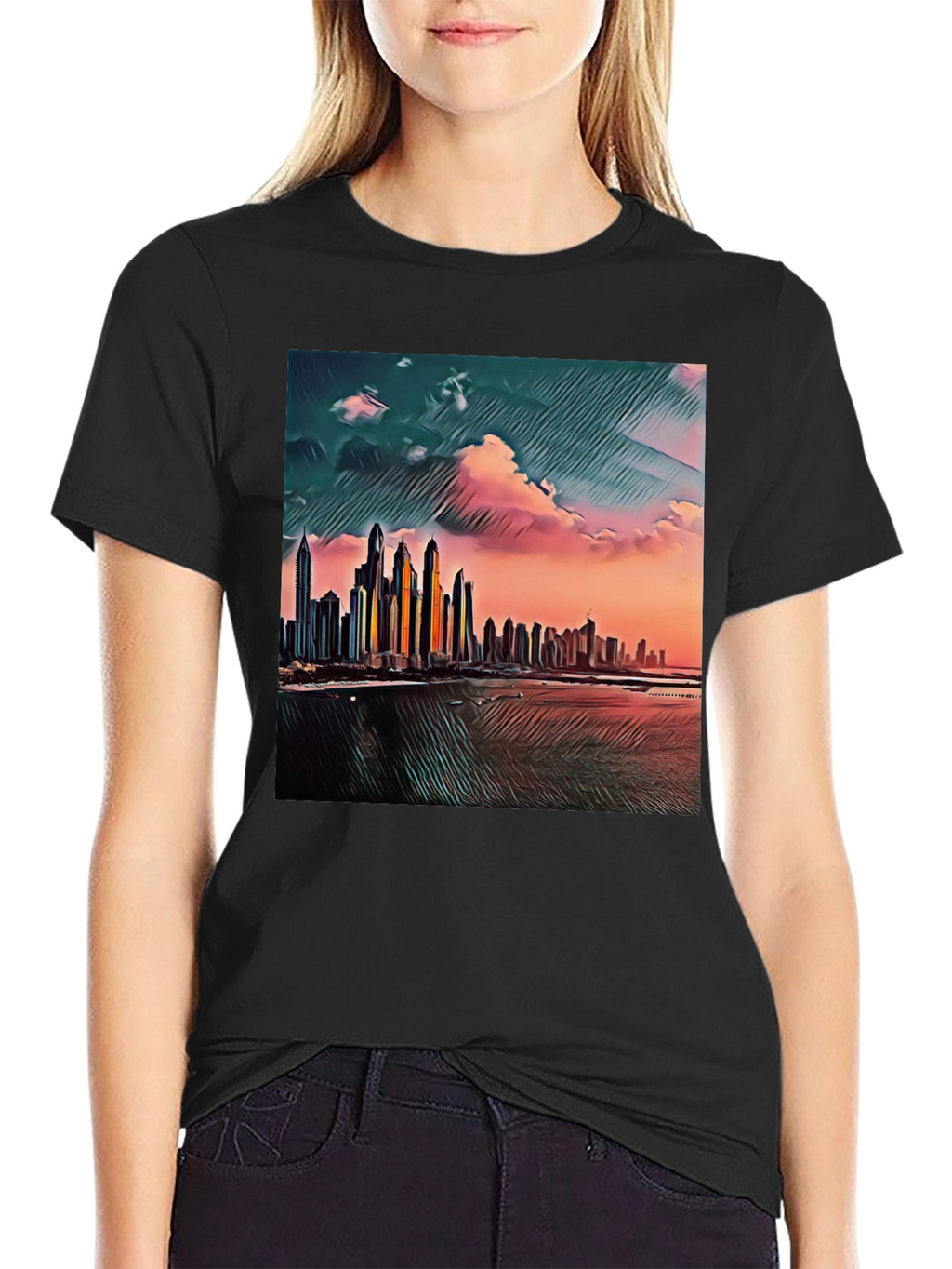 Dubai Skyline Art T-Shirt - Black Crew Neck Tee