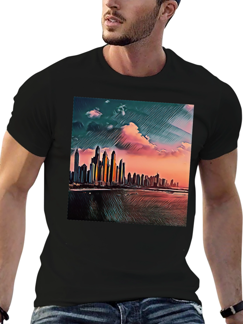 Dubai Skyline Art T-Shirt - Black Crew Neck Tee